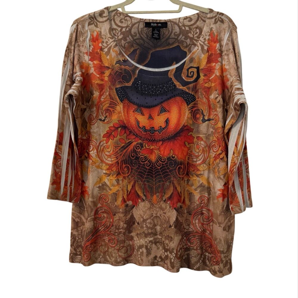 Style & Co Halloween Womens Top Large Embellished Jack O Lantern Pullover Witchy